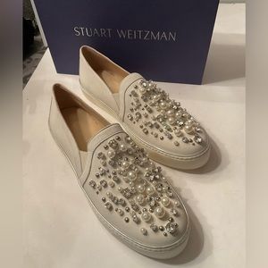 Stuart Weitzman white pearl and rhinestone embellished sneakers